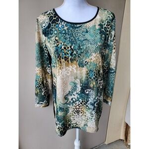 Chicos Tunic Top Womens Medium Green Beige Animal Print Floral Pullover Blouse
